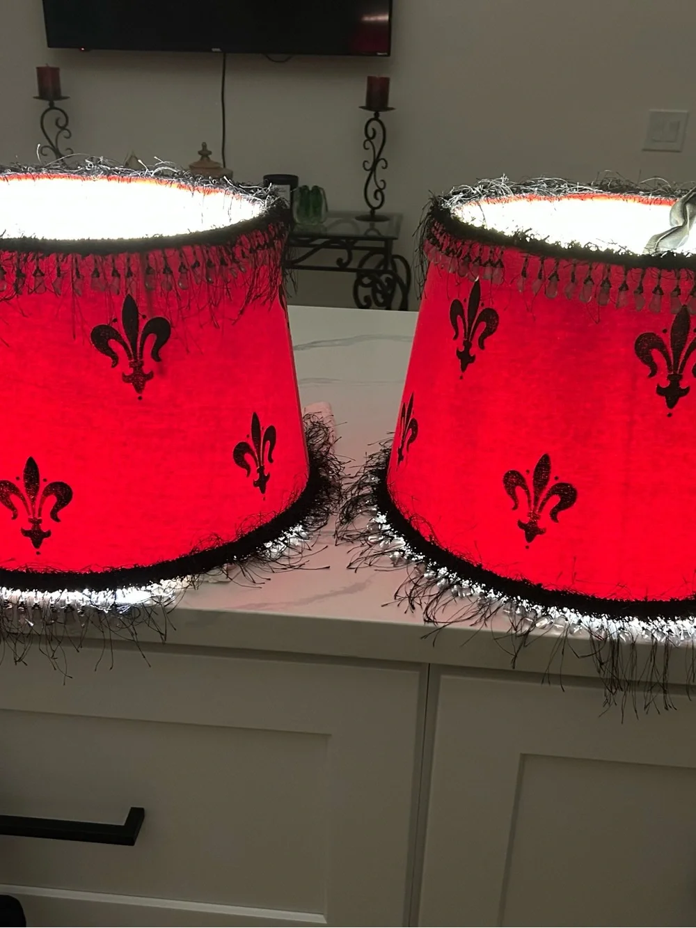 2 Red & Black Fleur-de-Lis Decorative Electrical Lamp Shades